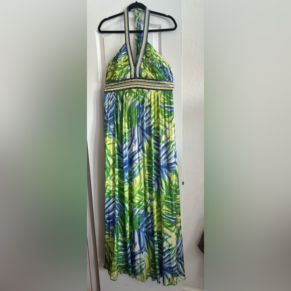 BCBGMaxAzria Dresses & Skirts - BCBGMaxAzria Green and Blue Backless Halter Maxi Dress